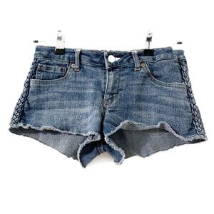 Levi Levi’s Strauss Denim Jean Shorty Short Cut-Off Braided Trim Along Side 🟦